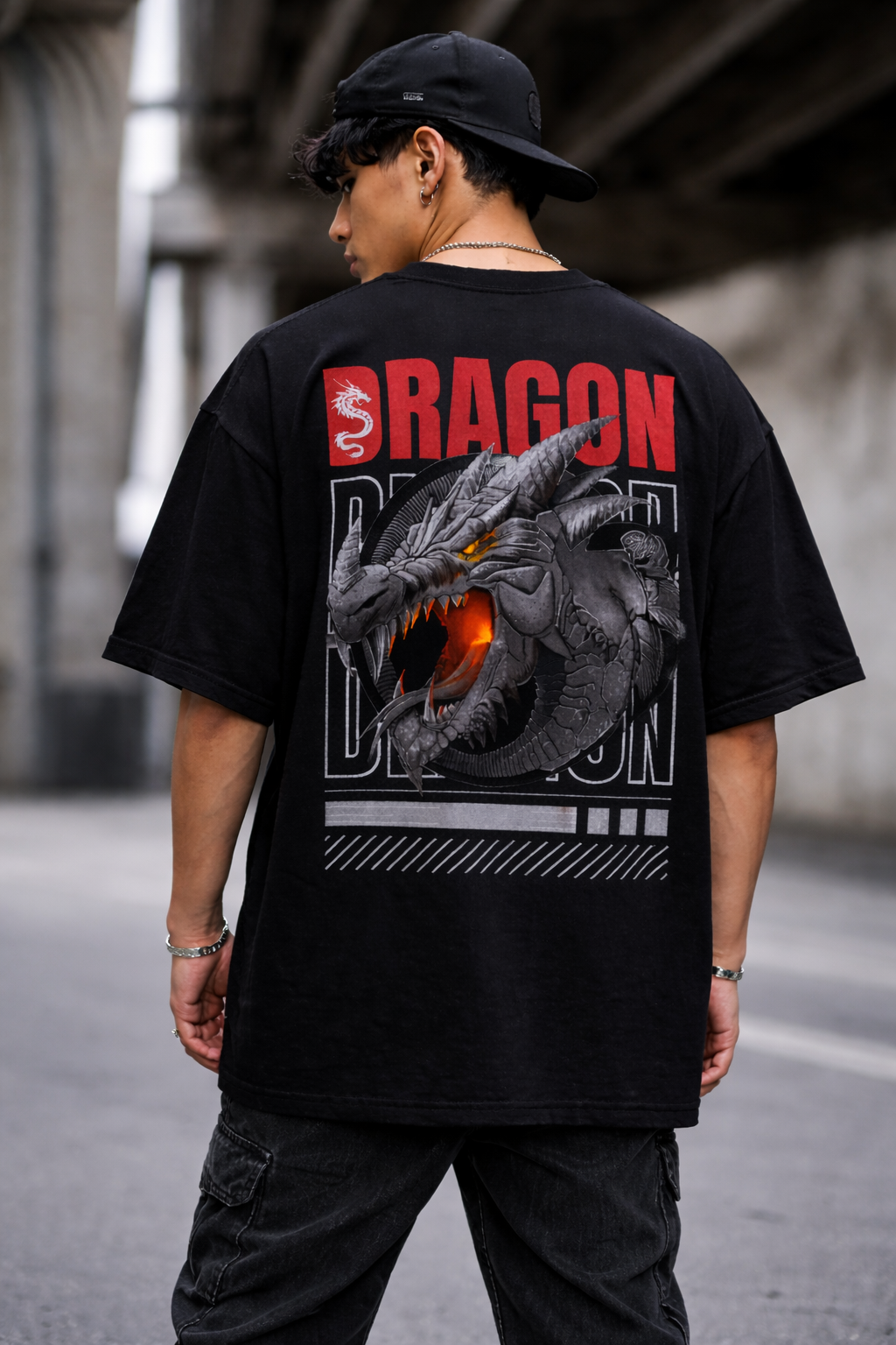Men Graphic Back Printed Oversized Round Neck T-Shirt (Dragon Mode – Awaken the Fire)